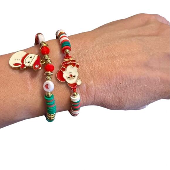Pair of Santa Snowman Holiday Polymer Clay Beaded Bracelets - Picture 5 of 5
